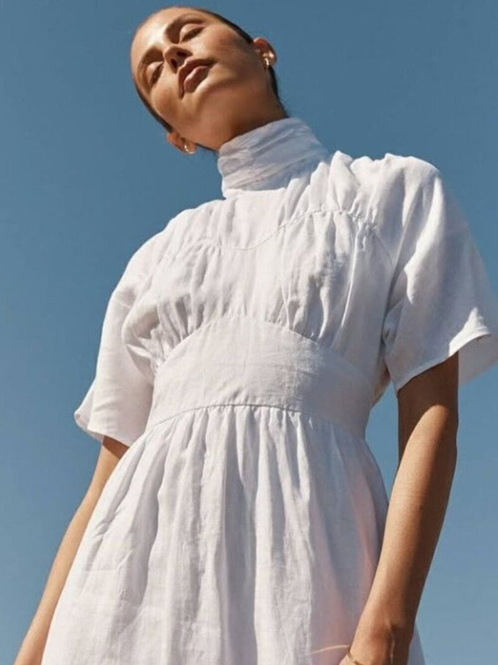 DISSH White 100% Linen High Neck Short Sleeve Mini Elise Dress Size 12